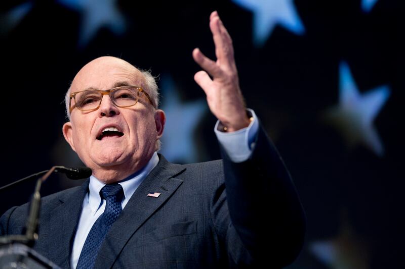 FILE - In this May 5, 2018, file photo, Rudy Giuliani, an attorney for President Donald Trump, speaks at the Iran Freedom Convention for Human Rights and democracy in Washington. Giuliani is categorically ruling out the possibility of a presidential inter