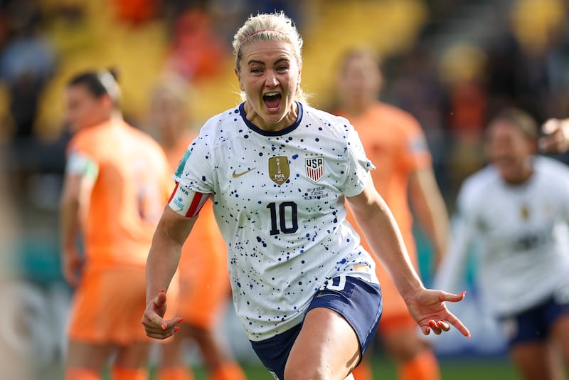 United States’ Lindsey Horan celebrates her team’s first US goal during the Women’s World Cup Group E soccer match between the United States and the Netherlands.
