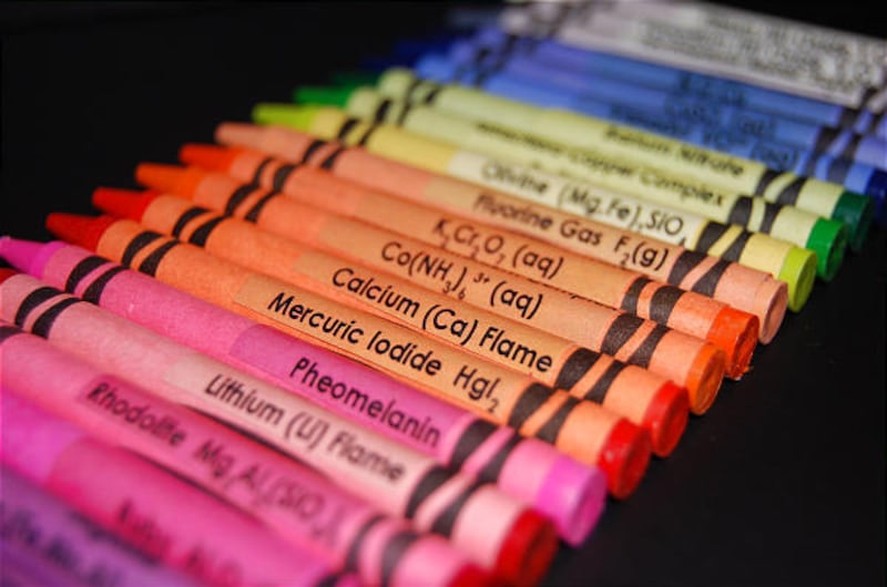 Educational chemistry labels for crayons can be purchased on the craft website Etsy. Prices range from $4 for a set of 8 to $35 for the 120 crayon pack. Crayons are not included.