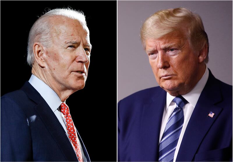 In this combination of file photos, former Vice President Joe Biden speaks in Wilmington, Del., on March 12, 2020, left, and President Donald Trump speaks at the White House in Washington on April 5, 2020. The University of Notre Dame has become the second university to withdraw as the host of one of this fall’s three scheduled presidential debates amid the coronavirus pandemic.