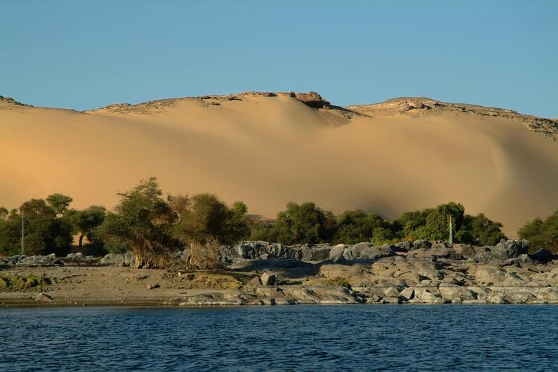 Sand dunes on the island of Elephantine in the Nile River. Aswan, Egypt.