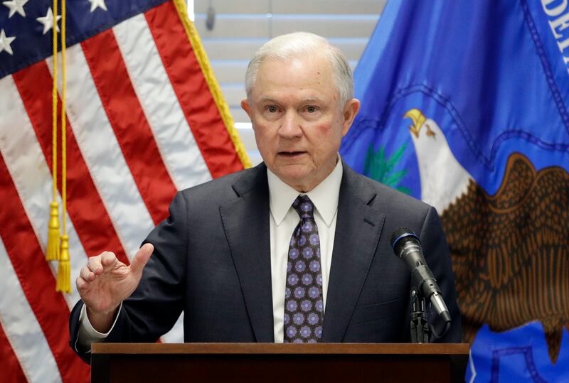 FILE - In this July 12, 2017, file photo, Attorney General Jeff Sessions speaks in Las Vegas. President Donald Trump says he never would have appointed Sessions as attorney general had he known Sessions would recuse himself from overseeing the Russia inve