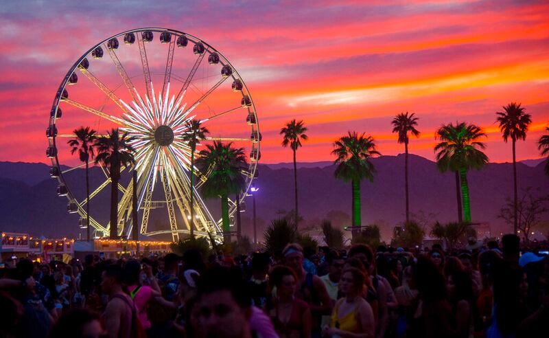 The sun sets over the Coachella Music & Arts Festival in Indio, Calif.