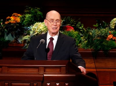 President Henry B. Eyring, second counselor in the First Presidency of The Church of Jesus Christ of Latter-day Saints, speaks during the priesthood session of the 189th Annual General Conference in the Conference Center in Salt Lake City on Saturday, Apr