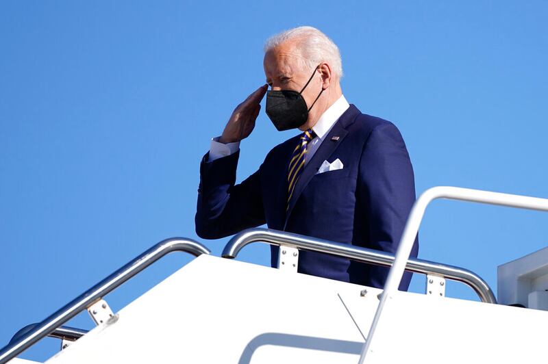 President Joe Biden salutes at Andrews Air Force Base, Maryland.