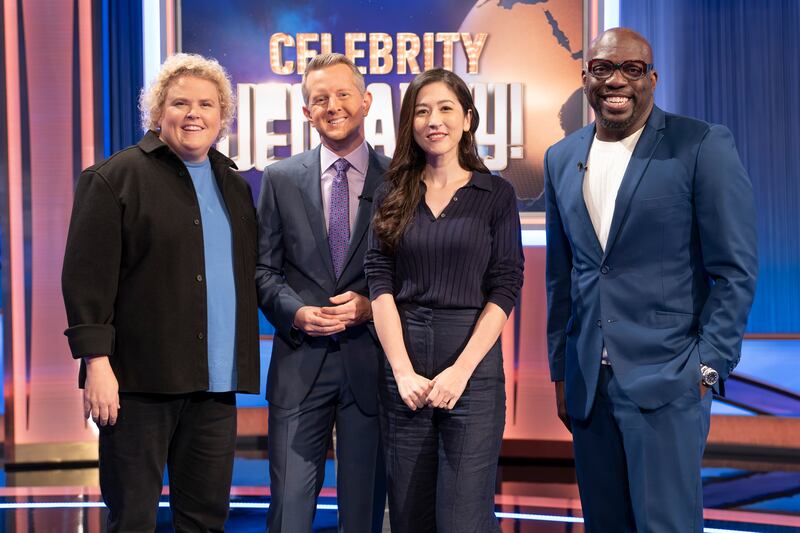 Fortune Feimster, left, with "Celebrity Jeopardy!" host Ken Jennings, and fellow competitors Mina Kimes and Omar J. Dorsey.