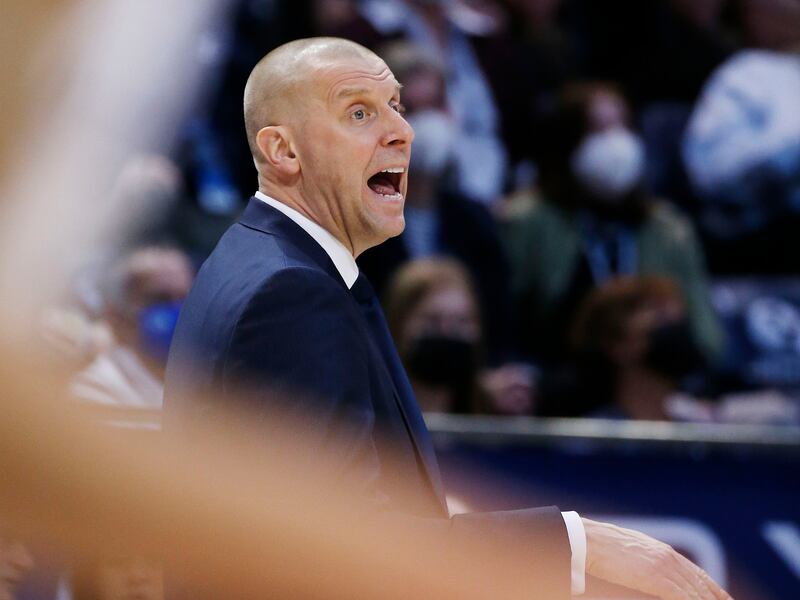Brigham Young Cougars head coach Mark Pope shouts instruction