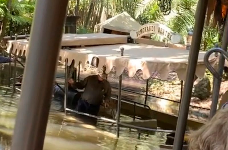 A person stands knee-deep in water aboard a Jungle Cruise boat after the vessel took on water, Thursday, Feb. 27, 2020, at Walt Disney World in Orlando, Fla.