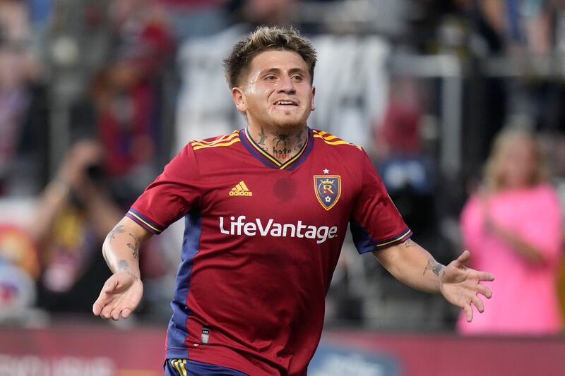 Real Salt Lake midfielder Diego Luna reacts after scoring against New York Red Bulls during the second half of an MLS soccer match Saturday, July 15, 2023, in Sandy, Utah. (AP Photo/Rick Bowmer)
