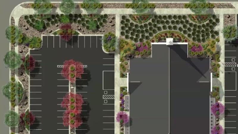A landscape design rendering for a future meetinghouse of The Church of Jesus Christ of Latter-day Saints in Vineyard, Utah.