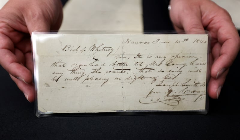 A pay order from Joseph Smith to storehouse owner Bishop Newel K. Whitney, allowing Smith’s wife Mary Ann Angell Young to buy anything she needed, is on display during a Church History Department event to commemorate the final print volume of the Joseph Smith Papers at the Church History Library in Salt Lake City on Tuesday, June 27, 2023. The pay order is dated June 15, 1840.