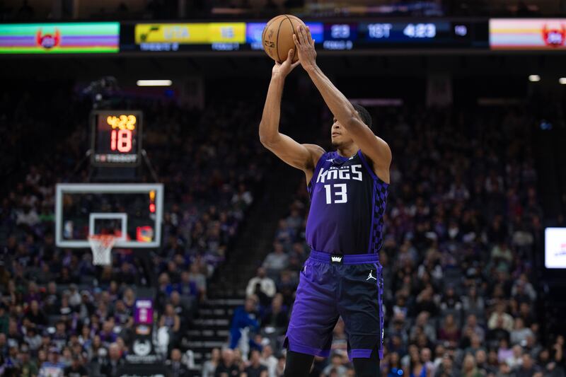 Sacramento Kings forward Keegan Murray (13) scores a basket against the Utah Jazz