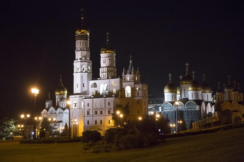A night view of a park set on the site of a Soviet-era administrative building which was recently razed in the Kremlin and the Cathedral Square in Moscow, Russia, late Thursday, Aug. 25, 2016.
