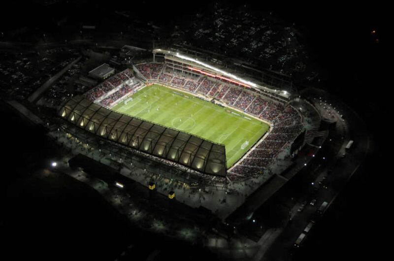 Aerial photo of the inaugural Real Salt Lake game at Rio Tinto Stadium in Sandy.