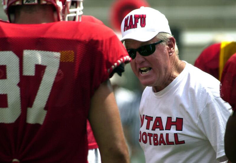 Coach Ron McBride yells at his offense during a U of U scrimmage at Rice-Eccles Stadium Saturday, August 18, 2001.