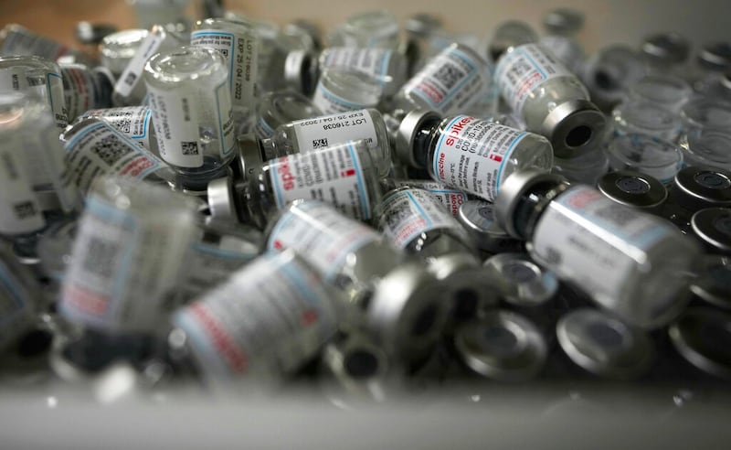 Vials of Moderna COVID-19 booster vaccine.