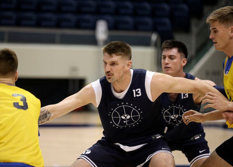 BYU’s Richard Harward gets in some work at  practice at the Marriott Center in Provo on Thursday, Oct. 21, 2021.