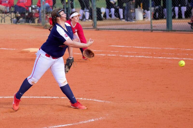 Dixie State pitcher Madi Dove delivers a pitch vs. Chadron State on Feb. 10. Dove recorded her second win of the season on Sunday in DSU's 8-0 victory over NDNU.