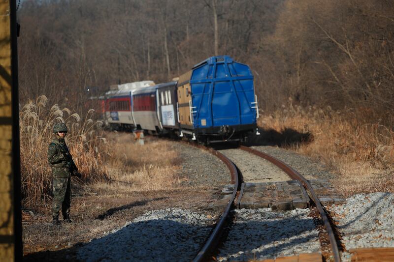 A South Korean train transporting dozens of South Korean officials runs on the rails which leads to North Korea, inside the demilitarized zone separating the two Koreas in Paju, South Korea Friday, Nov. 30, 2018. South Korea sent rail cars and dozens of o