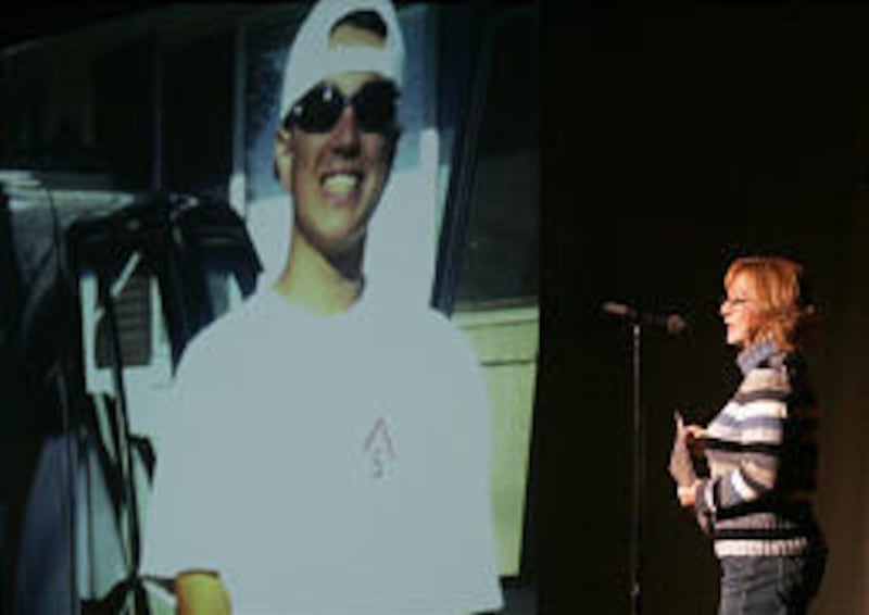 Sandi Daoust talks about her son, Robby Nunes, whose photo is shown. Robby died of a drug overdose at age 19.