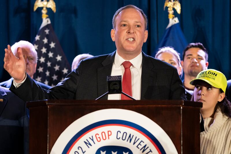 U.S. Rep. Lee Zeldin, the Republican candidate for New York governor, speaks at the 2022 NYGOP Convention on March 1, 2022.