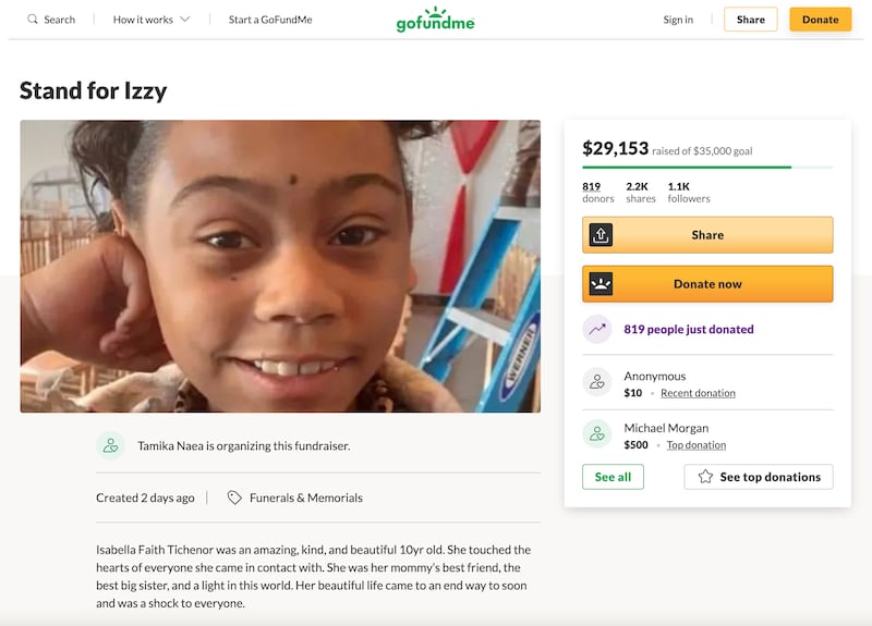 Isabella Faith Tichenor, 10, is pictured on a GoFundMe webpage that was created on Sunday, Nov. 7, 2021.
