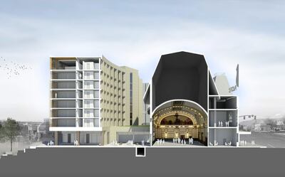 A rendering of an eight-story hotel being proposed in The Gateway around the west face of the historic Union Pacific Depot.