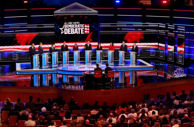 Democratic presidential candidates from left, New York City Mayor Bill de Blasio, Rep. Tim Ryan, D-Ohio, former Housing and Urban Development Secretary Julian Castro, Sen. Cory Booker, D-N.J., Sen. Elizabeth Warren, D-Mass., former Texas Rep. Beto O’Rourk