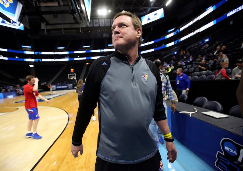 Kansas head coach Bill Self walks off the court after practicing for the NCAA March Madness tournament at the Vivint Smart Home Arena in Salt Lake City on Wednesday, March 20, 2019.