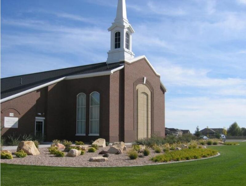 A reduced-lawn landscape at a Latter-day Saint meetinghouse. The church is moving away from traditional landscaping to save water.