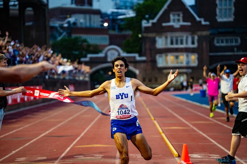 BYU steeplechaser James Corrigan crosses the finish line Saturday, June 29, 2024, to qualify for the 2024 Summer Games in Paris.