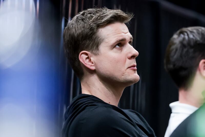 New Utah Jazz head coach Will Hardy watches the Jazz play Oklahoma City during a Summer League game at Vivint Arena.