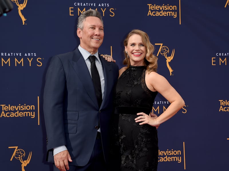 Jeff Franklin, left, and Andrea Barber arrive at the first night of the Creative Arts Emmy Awards at The Microsoft Theater on Saturday, Sept. 8, 2018, in Los Angeles.