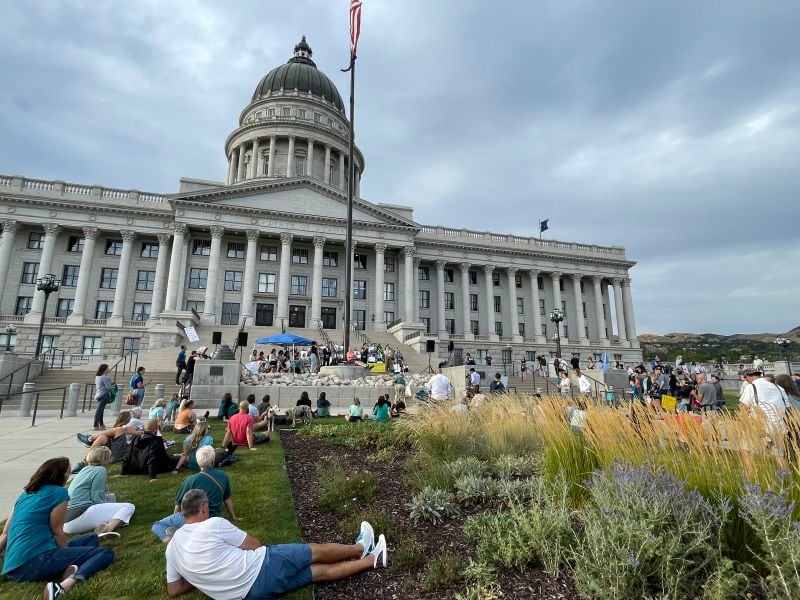 Protesters gather at the state Capitol in Salt Lake City on Friday to encourage lawmakers to eliminate a clergy abuse reporting exemption.