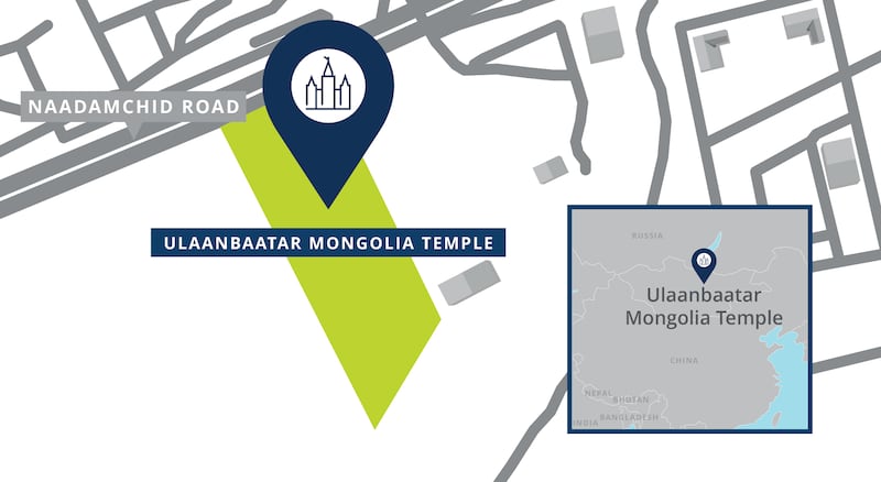 A map showing the location of the future Ulaanbaatar Mongolia Temple, with nearby roads.
