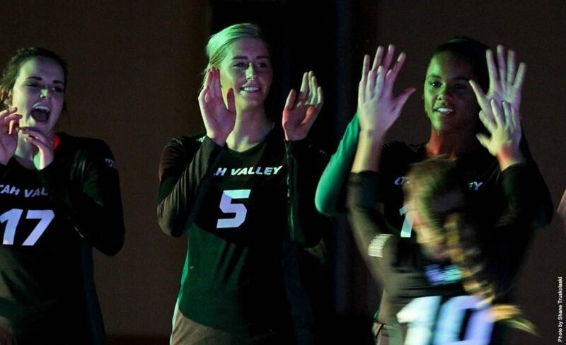 Lexi Thompson (left), Jaramey Barney (center) and Lauren Bakker (right) high five Sabrina Tanner (bottom right) during pre-match introductions at the annual intrasquad exhibition match on Aug. 25, 2015, in Orem.