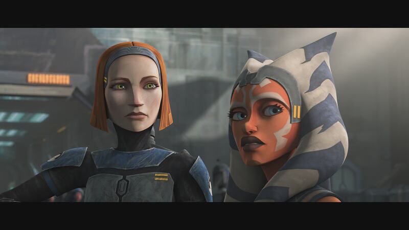Bo-Katan and Ahsoka Tano in “Star Wars: The Clone Wars,” exclusively on Disney Plus.