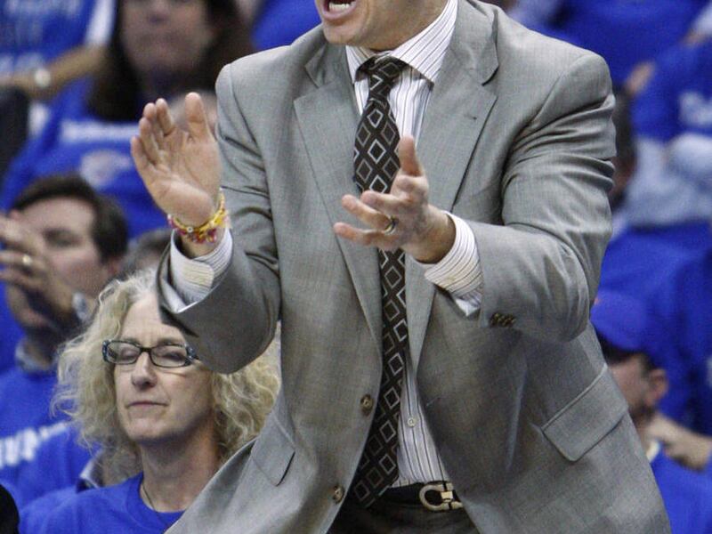 Oklahoma City Thunder coach Scott Brooks gestuers during the first quarter of Game 2 of a second-round NBA basketball playoff series against the Memphis Grizzlies in Oklahoma City, Tuesday, May 3, 2011.