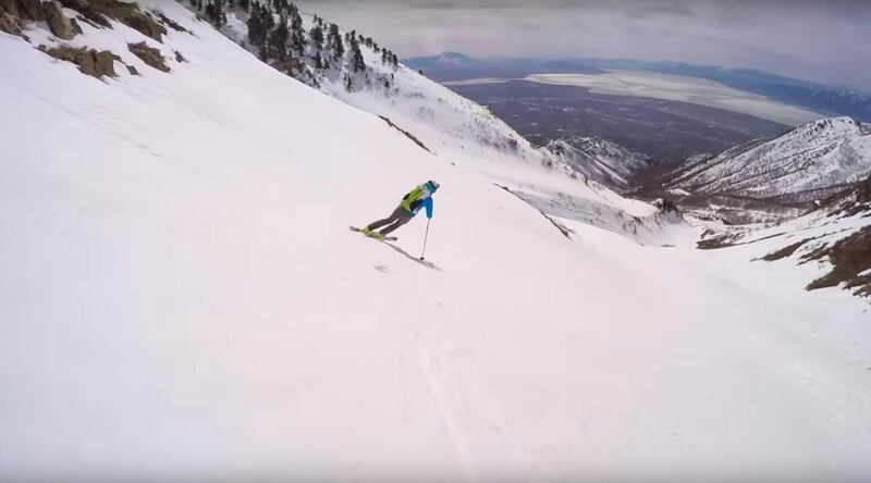 Matt Galland skis down the south summit of Mount Timpanogos.