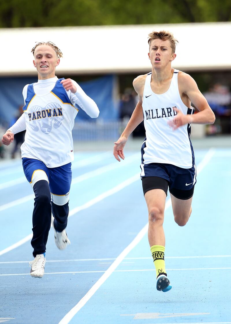 Parowan's Levi Saylor and Millard's Nathan Despain compete in the 1A 400-meter race at BYU in Provo on Friday, May 17, 2019.
