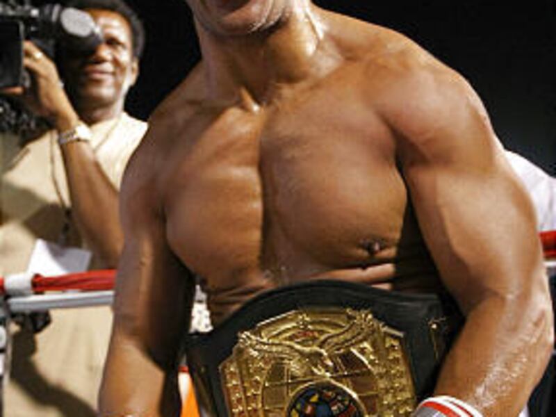 Former NFL player Via Sikahema performs the Haka in celebration of his knockdown of Major League Baseball player Jose Canseco during their celebrity boxing match on July 12, 2008 at Bernie Robbins Stadium in Atlantic City, New Jersey.