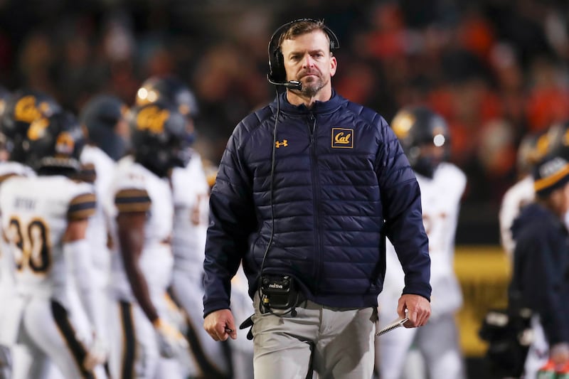 California coach Justin Wilcox walks along the sidelines during a game against Oregon State, Nov 12, 2022, in Corvallis, Ore.