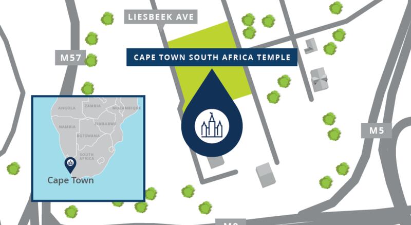 A map showing the location of the Cape Town South Africa Temple.