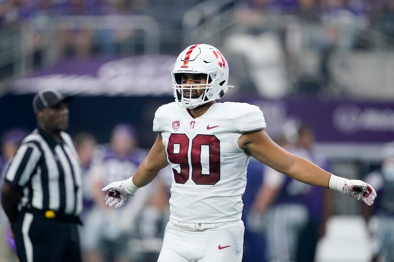 Former Stanford linebacker Gabe Reid lines up against Kansas State in Arlington, Texas, Sept. 4, 2021.