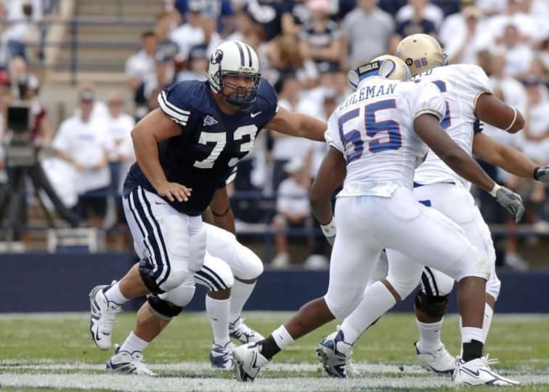 Former BYU offensive lineman Jake Kuresa, shown here playing in a 2006 game against Tulsa, was picked by the Deseret News as the best Cougar football player to ever wear a No. 73 jersey.