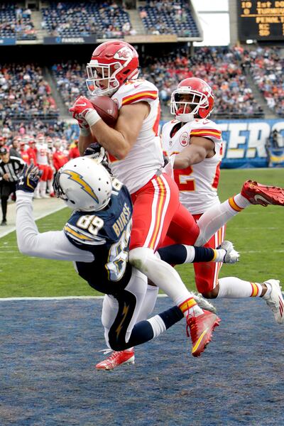 Kansas City and former BYU safety Daniel Sorensen intercepts a pass in an NFL game in 2017.
