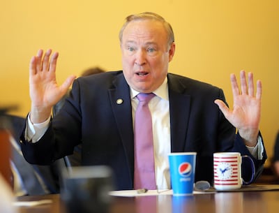 State Sen. Jim Dabakis, D-Salt Lake City, speaks about the Utah Inland Port Authority during a caucus meeting at the State Capitol in Salt Lake City on Wednesday, July 18, 2018. The bill passed both houses during a specials session.