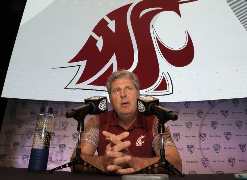 Washington State coach Mike Leach speaks at the Pac-12 NCAA college football media day in Los Angeles on Thursday, July 14, 2016. (AP Photo/Reed Saxon)