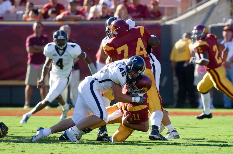 BYU and USC play at the Coliseum in Los Angeles in 2003, the last time the two schools met in L.A. The Trojans won, 35-18.