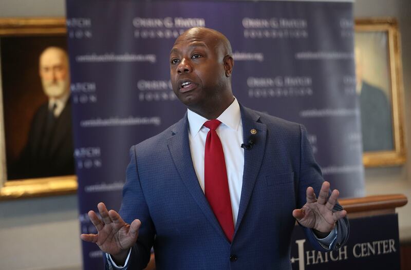 South Carolina Sen. Tim Scott speaks at an Orrin G. Hatch Foundation symposium.